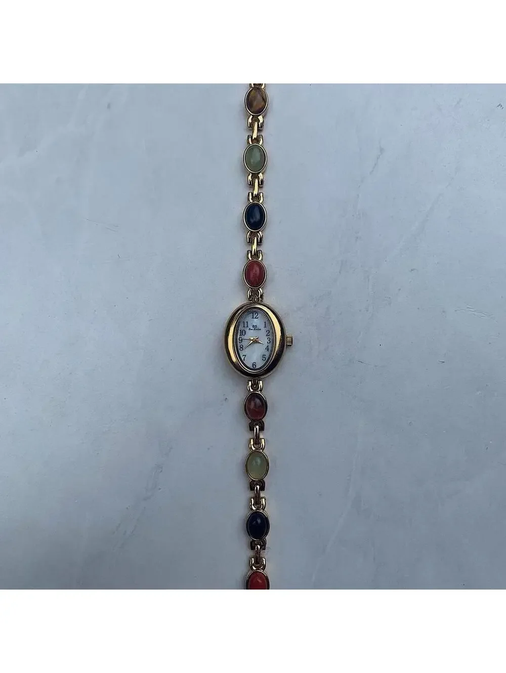 Boho Indie style Gold style tone quartz watch with glass multi color jade stone